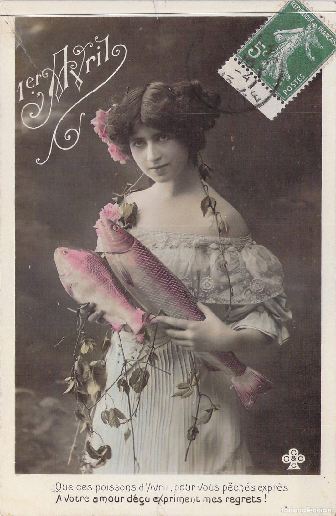 Postales: Postal Francesa de Poisson d'Avril con Mujer y Peces