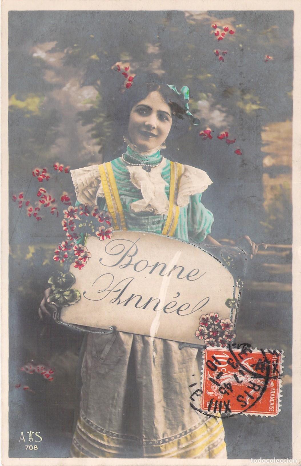 Postales: Postal de Felicitaci&oacute;n A&ntilde;o Nuevo con Joven Francesa Coloreada