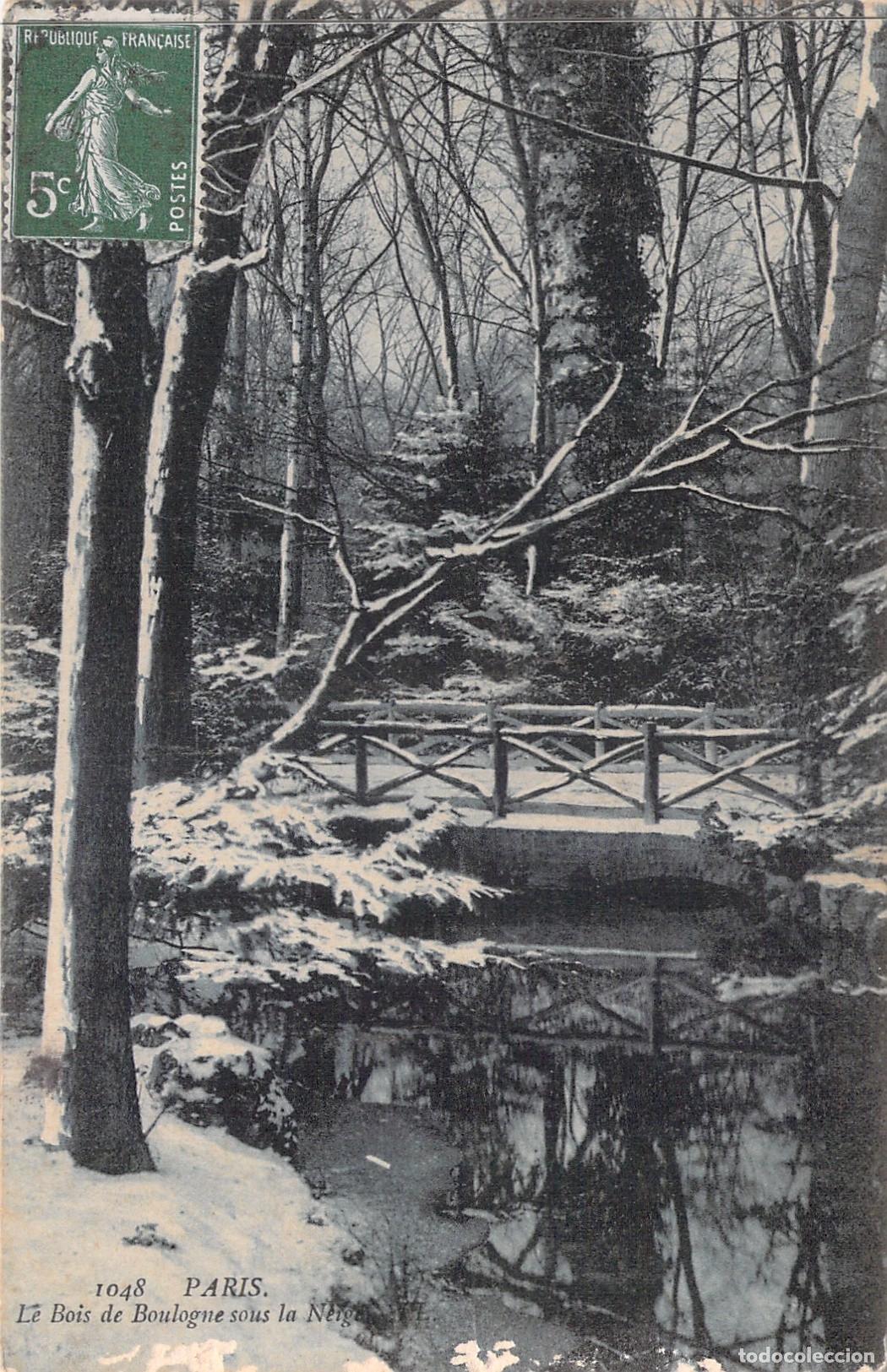 Postales: Postal de Par&iacute;s, Bois de Boulogne bajo la nieve con puente