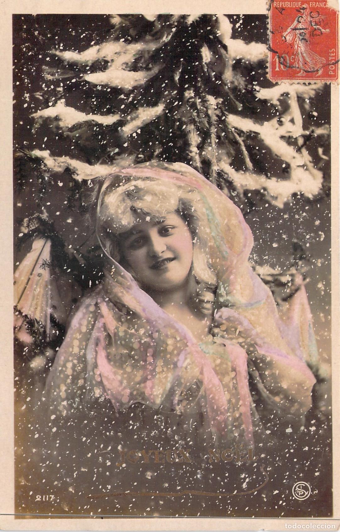 Postkarten: Postal de Navidad Joyeux No&euml;l con Retrato de Mujer y Paisaje Nevado