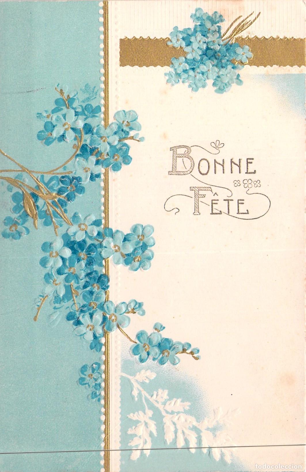 Postkarten: Postal Francesa de Felicitaci&oacute;n Bonne F&ecirc;te con Flores Azules