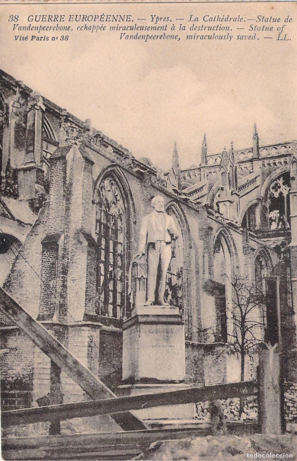 Postales: Postal de Ypres, Estatua de Vandenpeereboom y Catedral en Ruinas