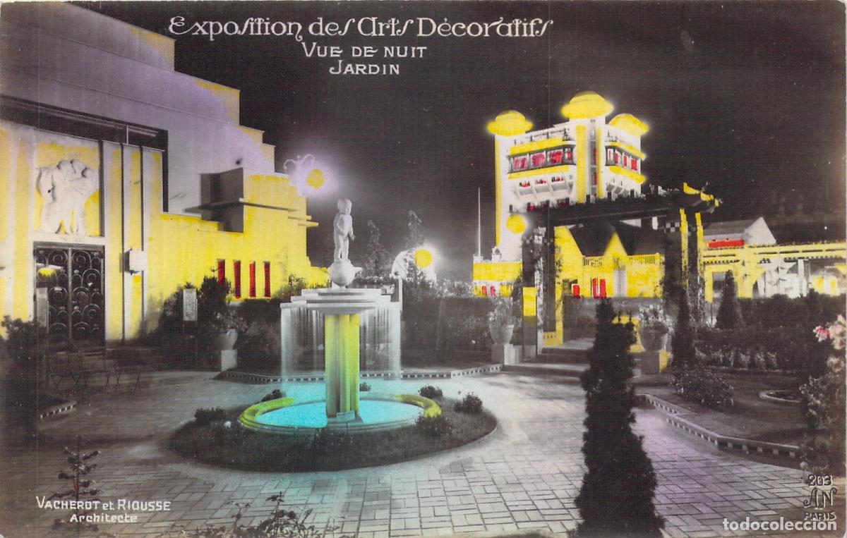 Postales: Postal Exposici&oacute;n de Artes Decorativas de Par&iacute;s Vista Nocturna del Jard&iacute;n