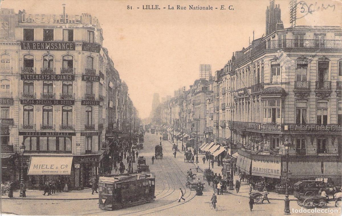 Postkarten: Postal de Lille, Francia - La Rue Nationale con Tranv&iacute;a