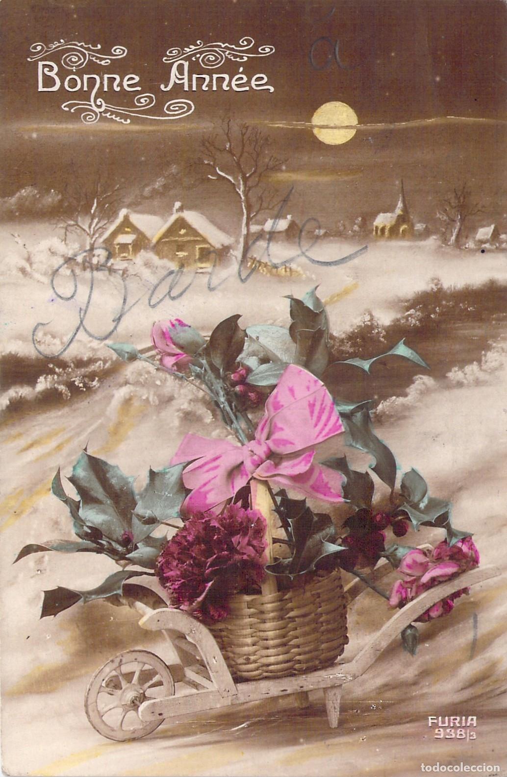 Postcards: Postal de Feliz A&ntilde;o Nuevo con Carretilla de Flores en Paisaje Nevado