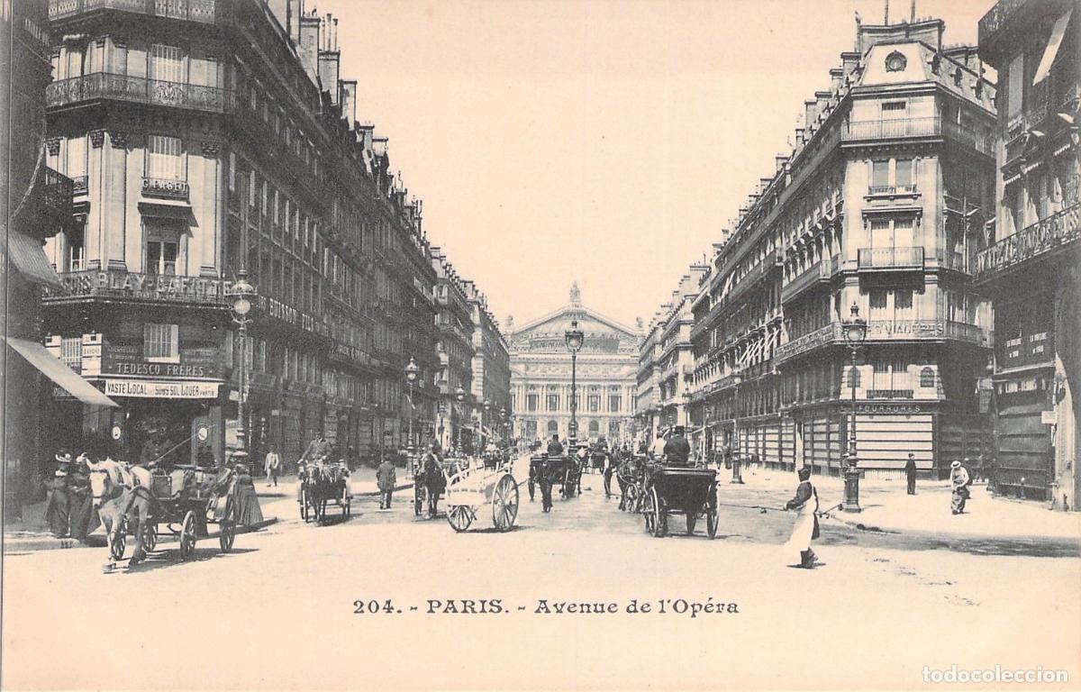 Cartoline: Postal de Par&iacute;s, Avenue de l'Op&eacute;ra con Carruajes y Palacio Garnier