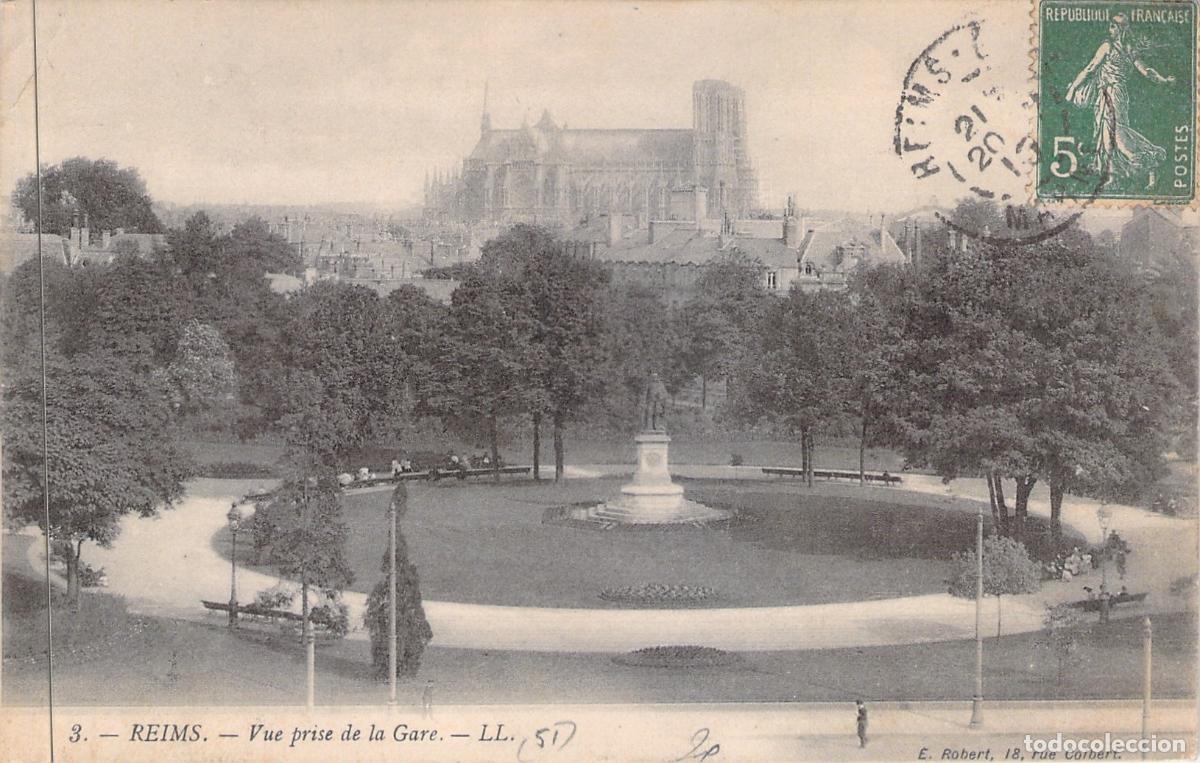 Postkarten: Postal de Reims: Vista desde la Estaci&oacute;n con la Catedral de fondo