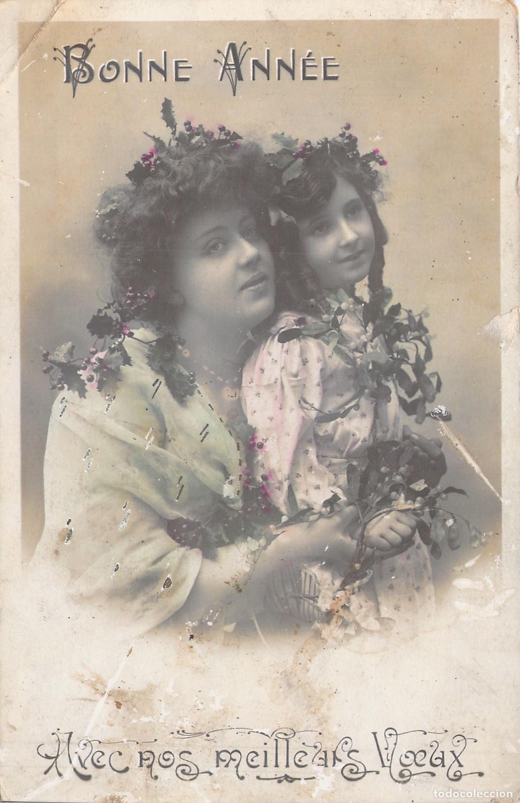 Postales: Postal Francesa de A&ntilde;o Nuevo con Retrato de Mujer y Ni&ntilde;a