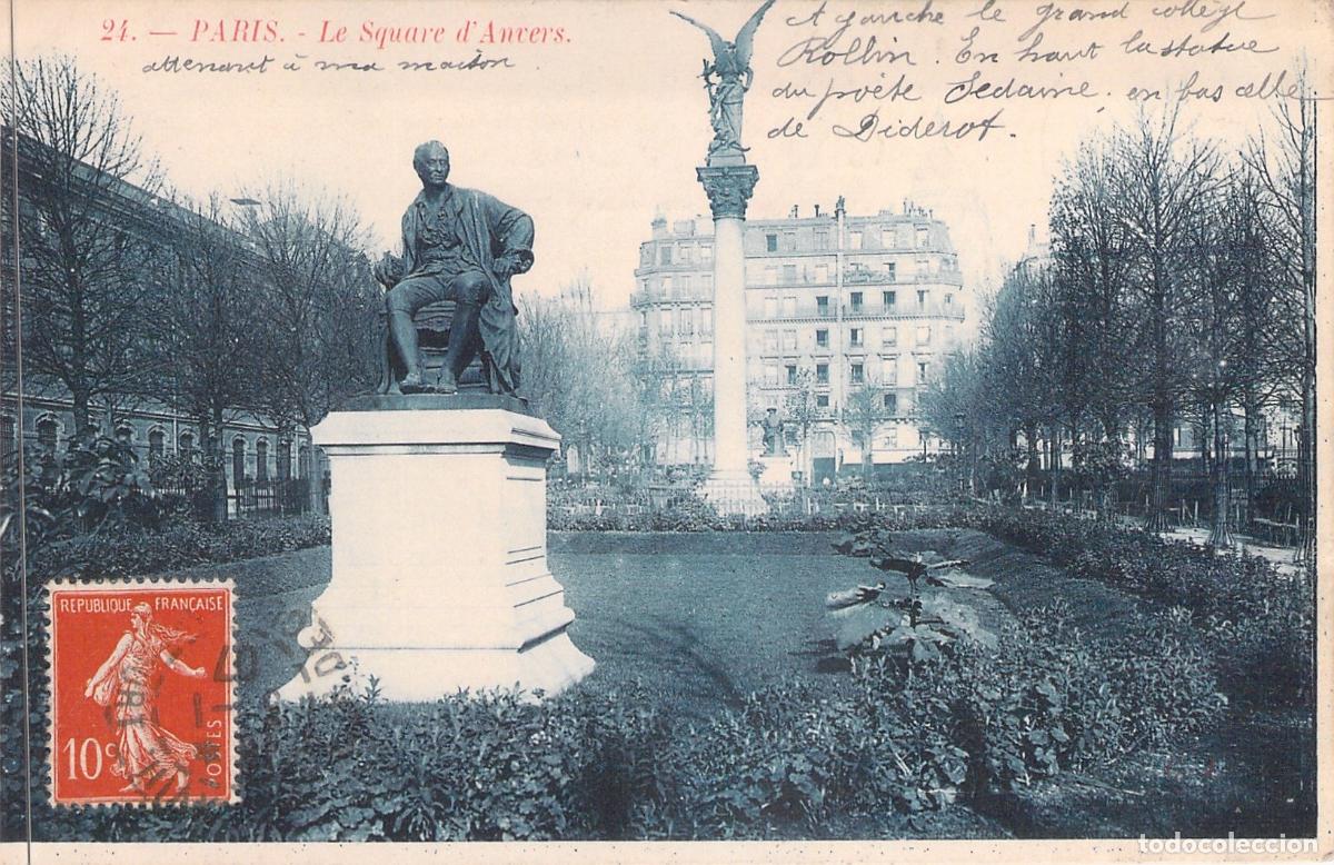 Postales: Tarjeta Postal Paris Square d'Anvers y Estatuas de Diderot y Sedaine
