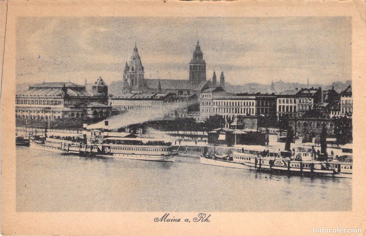 Postales: Postal de Maguncia con Barcos de Vapor y Catedral sobre el Rin