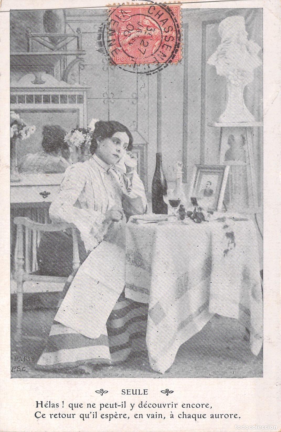 Postales: Tarjeta Postal de Mujer Sola en la Mesa 'Seule' - Escena Francesa