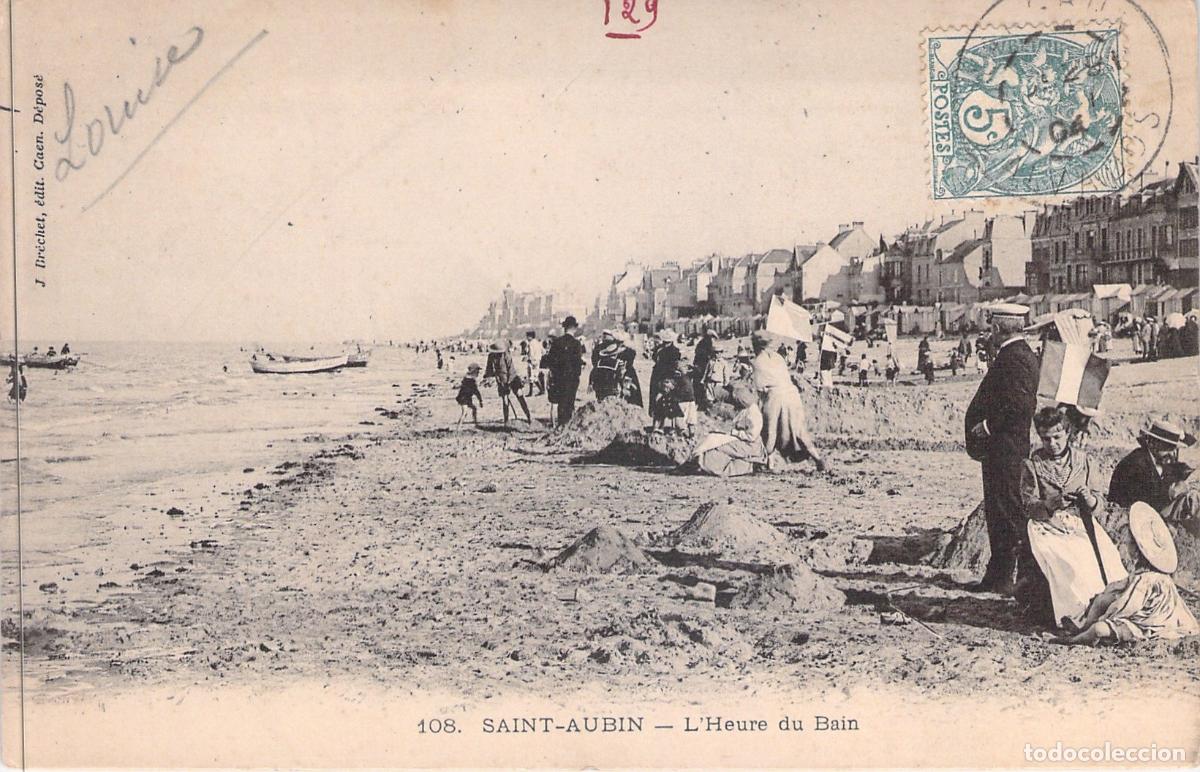 Postales: Postal de Saint-Aubin-sur-Mer, Francia: La Hora del Ba&ntilde;o en la Playa