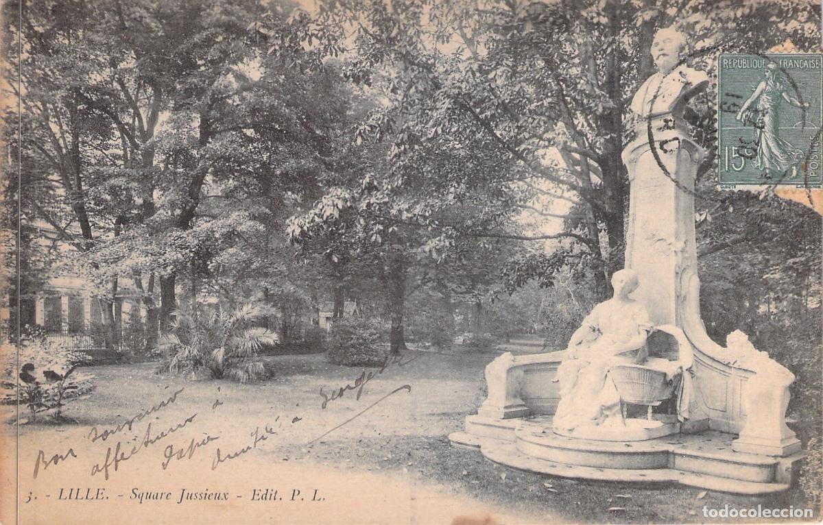 Postales: Postal de Lille: Square Jussieux con Monumento y Paisaje de Parque