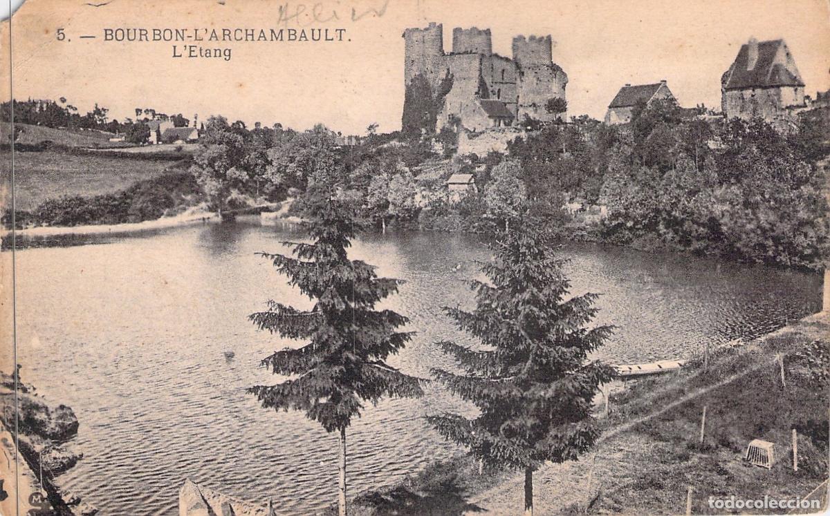 Postales: Postal del Castillo y Estanque en Bourbon-l'Archambault, Francia