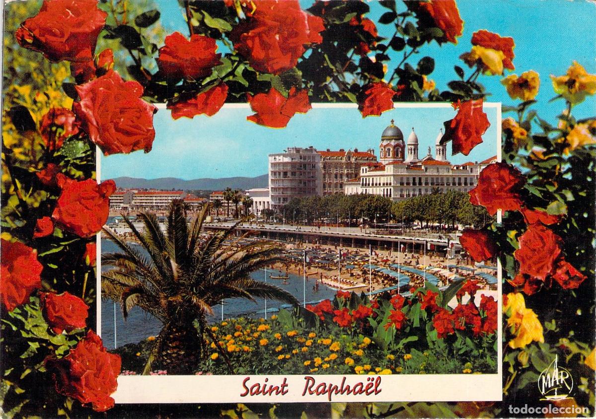 Postales: Postal Saint-Rapha&euml;l Costa Azul Playa y Rosas Rojas