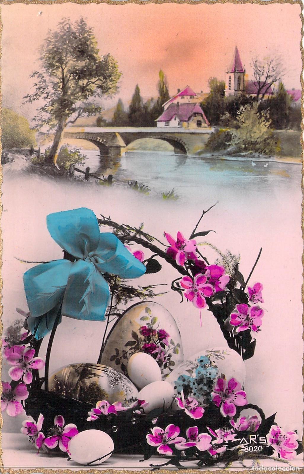 Postcards: Postal de Pascua Francesa con Paisaje, Flores y Huevos de Colores