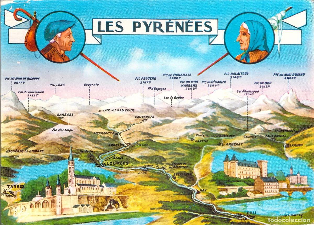 Postales: Postal Ilustrada del Mapa de los Pirineos, Francia