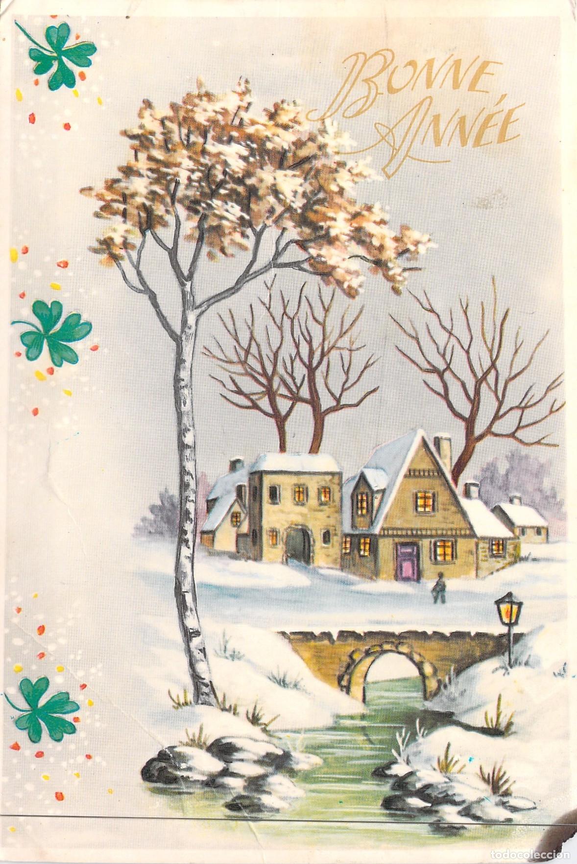 Postales: Postal de A&ntilde;o Nuevo Paisaje Nevado y Casas Ilustraci&oacute;n Francesa