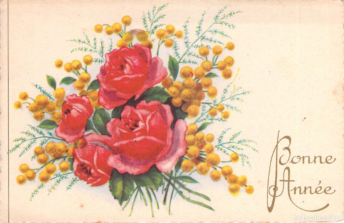 Postcards: Postal de Feliz A&ntilde;o Nuevo con Rosas y Mimosa - Bonne Ann&eacute;e