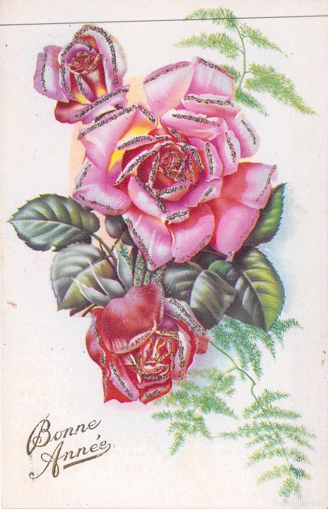 Postcards: Postal de Felicitaci&oacute;n de A&ntilde;o Nuevo con Rosas Rosadas y Escarcha