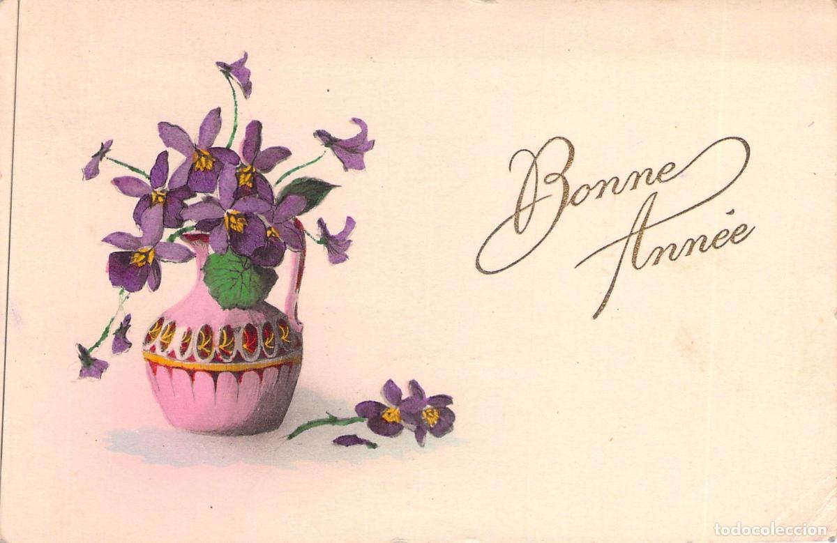 Postcards: Postal de A&ntilde;o Nuevo con Ilustraci&oacute;n de Violetas y Jarr&oacute;n Rosa