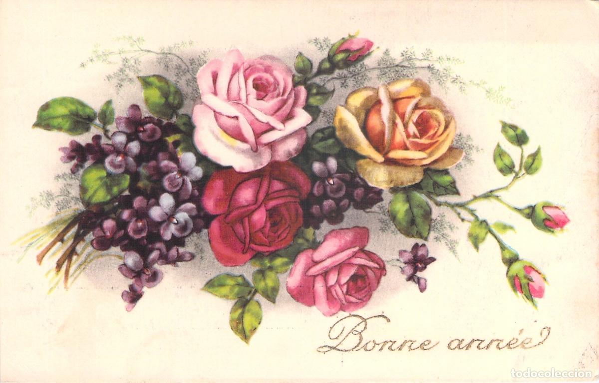 Postcards: Postal de A&ntilde;o Nuevo con Ilustraci&oacute;n de Rosas y Flores &rdquo;Bonne Ann&eacute;e&rdquo;