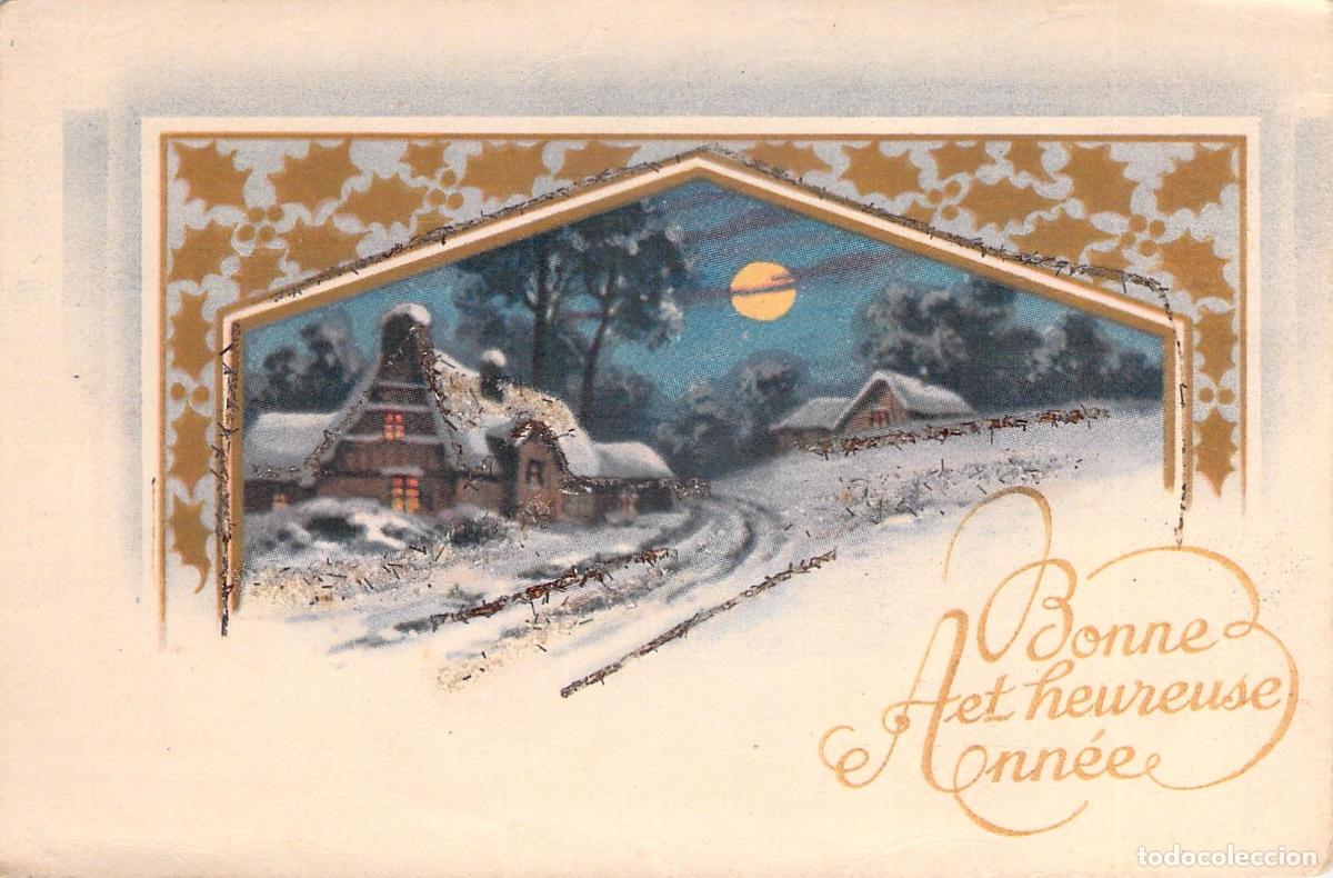 Postkarten: Postal de A&ntilde;o Nuevo con Paisaje Invernal y Luna Llena