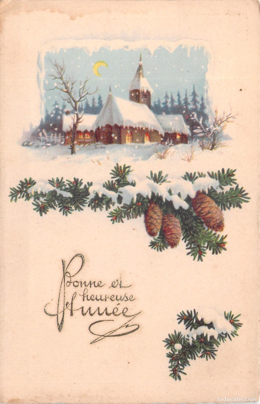 Postkarten: Postal de A&ntilde;o Nuevo Paisaje Nevado con Iglesia e Ilustraci&oacute;n de Pinos