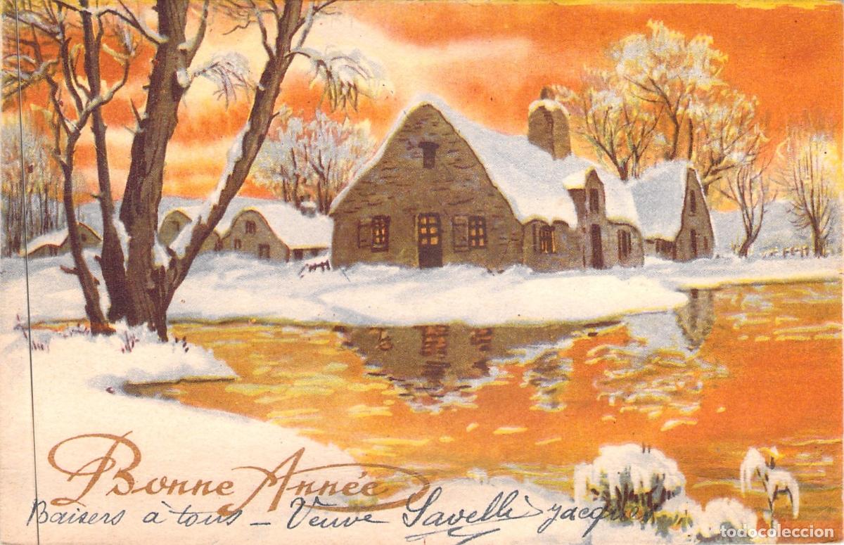 Postkarten: Postal de A&ntilde;o Nuevo con Paisaje Nevado y Caba&ntilde;as Francesas