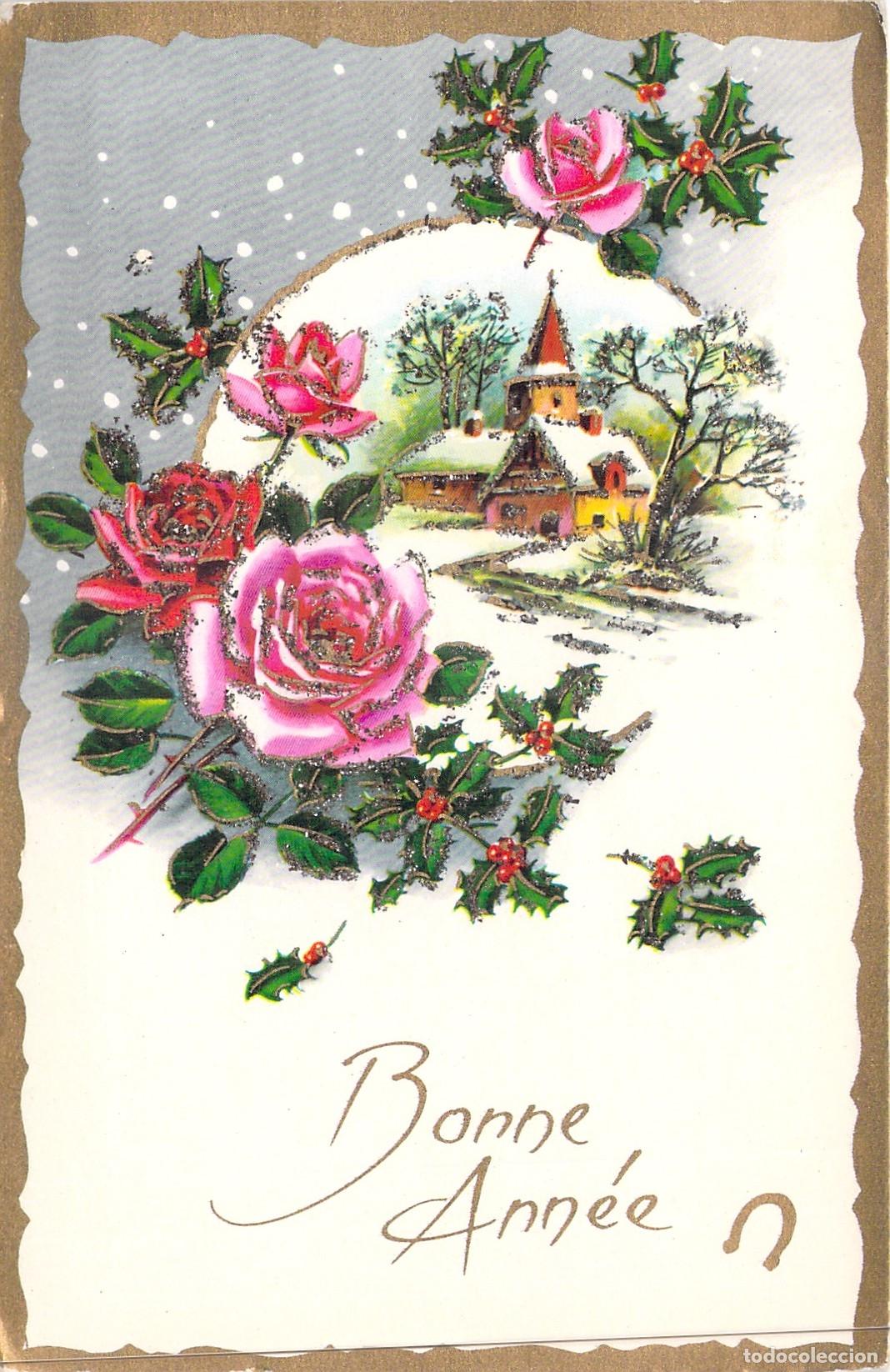 Postcards: Postal de Felicitaci&oacute;n de A&ntilde;o Nuevo con Rosas y Paisaje Nevado