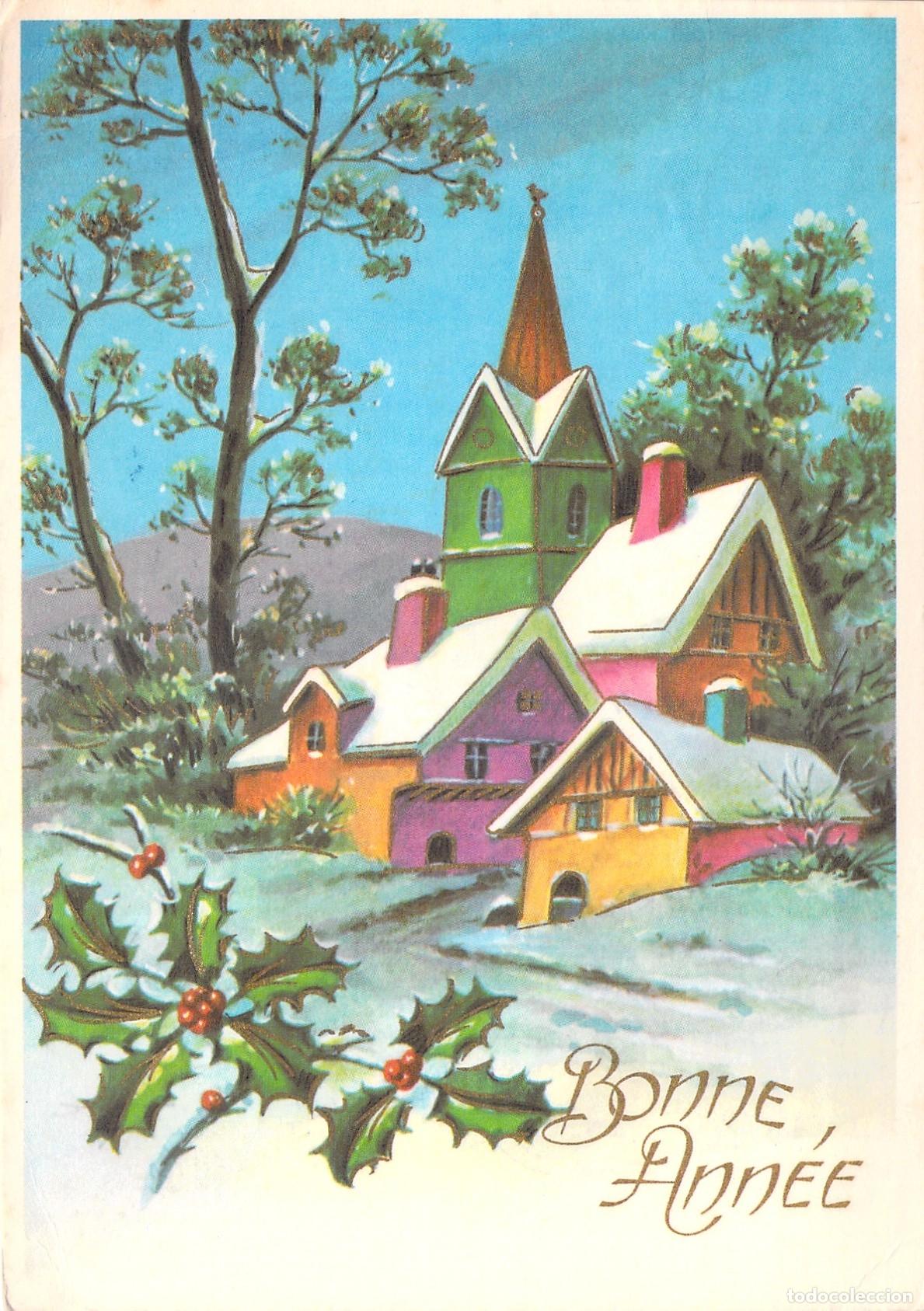 Postcards: Postal de Felicitaci&oacute;n de A&ntilde;o Nuevo con Paisaje Invernal y Casas