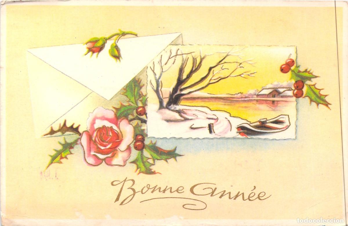 Postcards: Postal de Felicitaci&oacute;n Bonne Ann&eacute;e con Flores y Paisaje Invernal