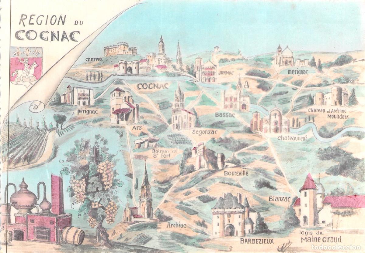 Postales: Postal Ilustrada del Mapa de la Regi&oacute;n de Cognac, Francia