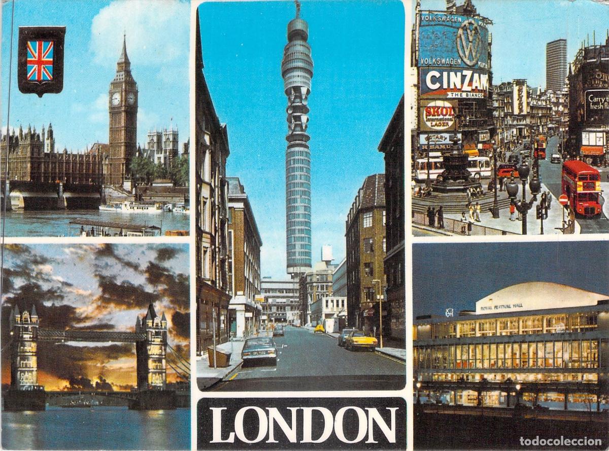 Postales: Postal de Londres con Vistas del Big Ben, Tower Bridge y Piccadilly Circus