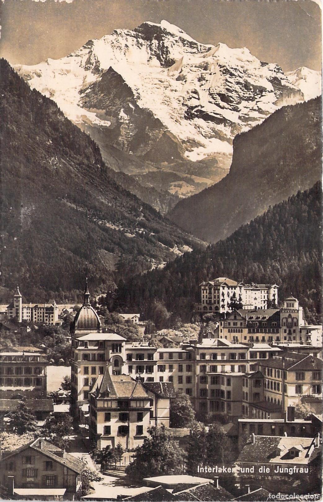 Postales: Postal de Interlaken y la Monta&ntilde;a Jungfrau en los Alpes Suizos