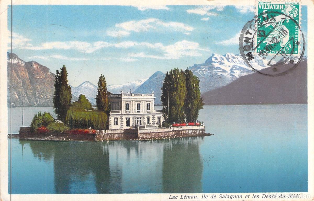 Postales: Postal del Lago Lem&aacute;n, Isla de Salagnon y los Dents du Midi, Suiza