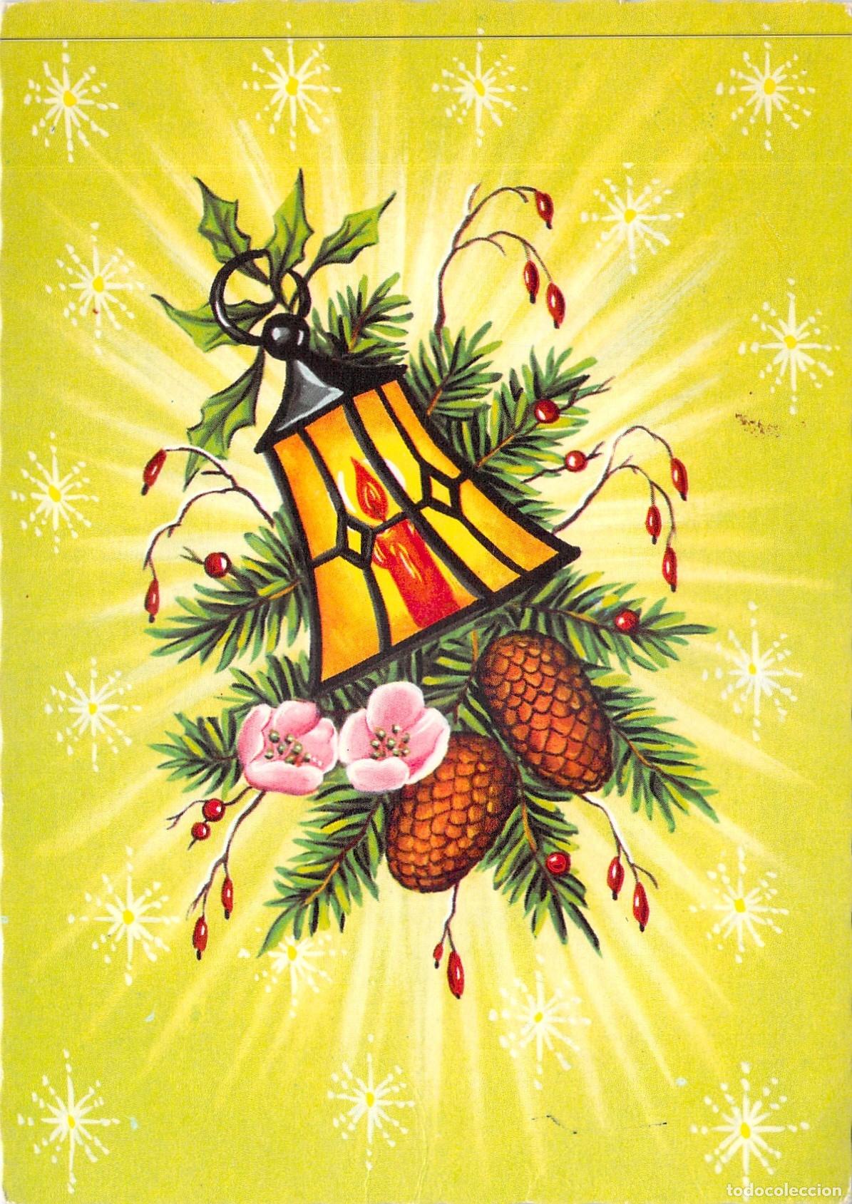 Postkarten: Postal de Navidad con Farolillo Iluminado y Pi&ntilde;as