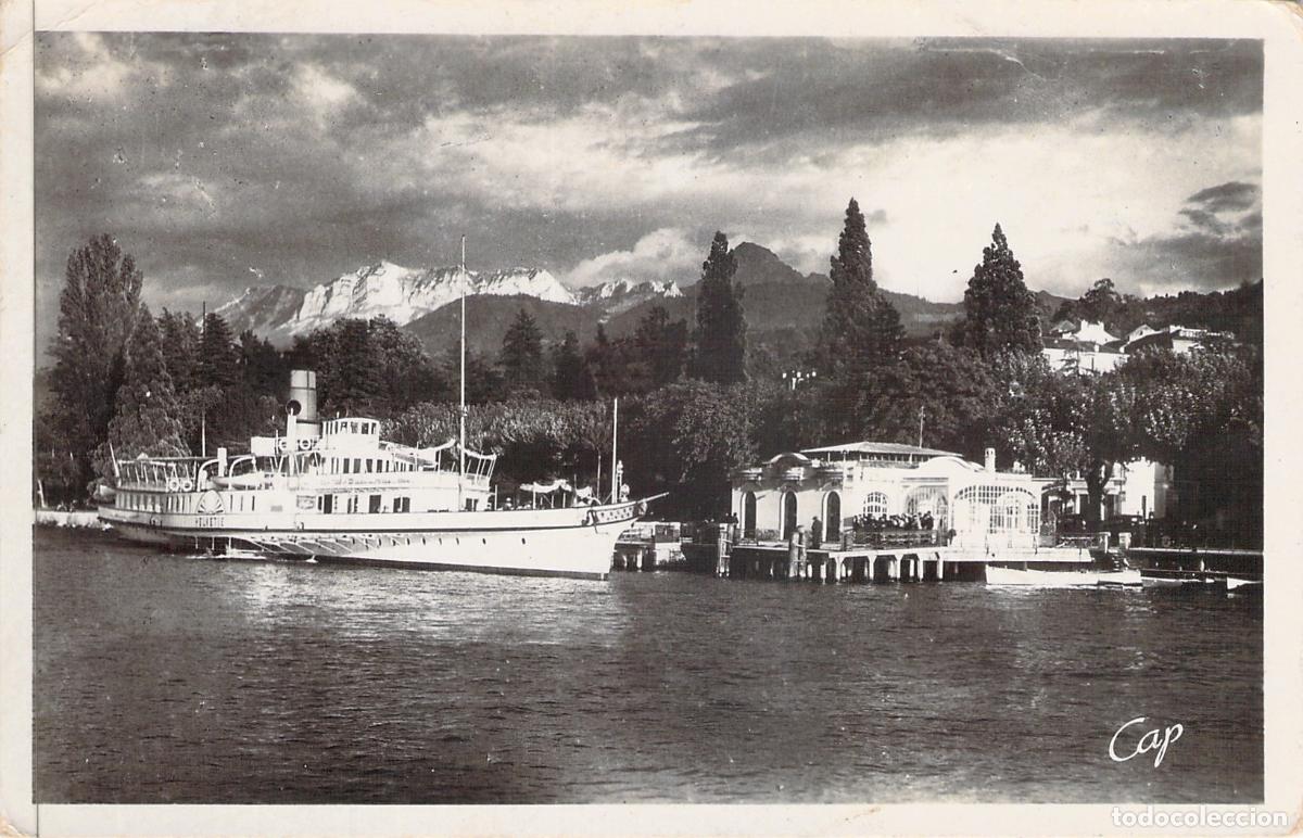Postkarten: Postal de Evian-les-Bains, Embarcadero y Barco Helvetie, Francia