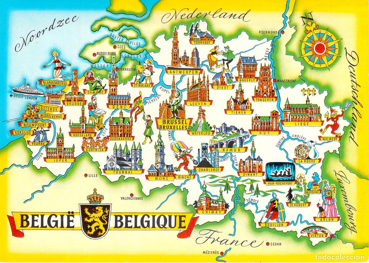 Postales: Postal Mapa Ilustrado de B&eacute;lgica con Monumentos y Ciudades