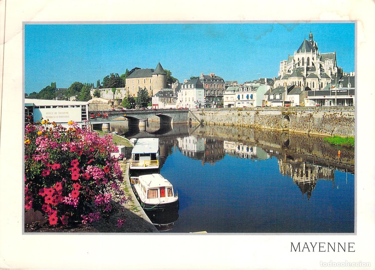 Postales: Postal de Mayenne, Francia: Reflejo del R&iacute;o y el Castillo