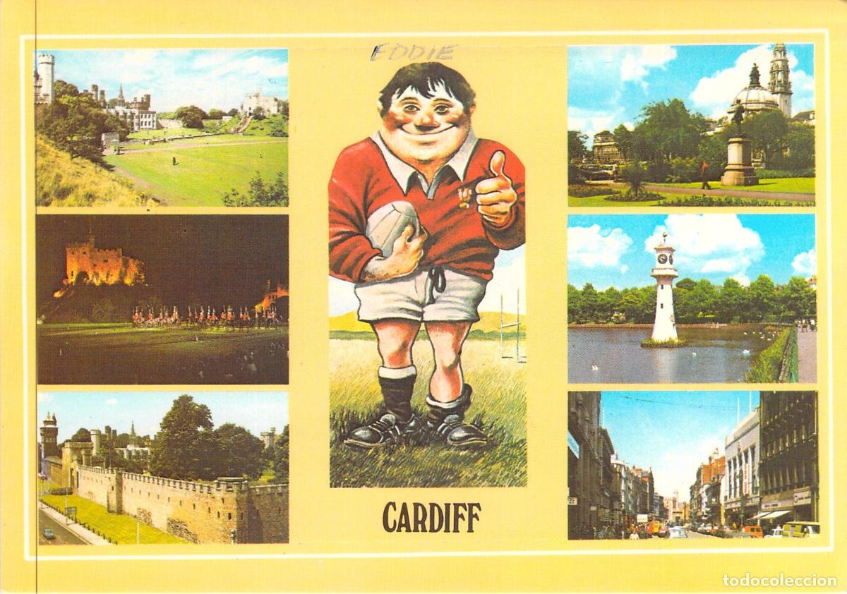 Postales: Postal Cardiff Gales con Caricatura de Eddie Jugador de Rugby