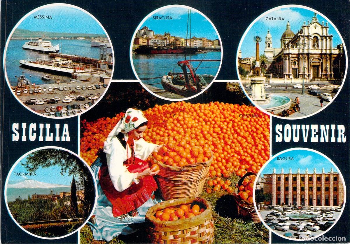 Postales: Postal Souvenir de Sicilia con Vistas y Traje Tradicional