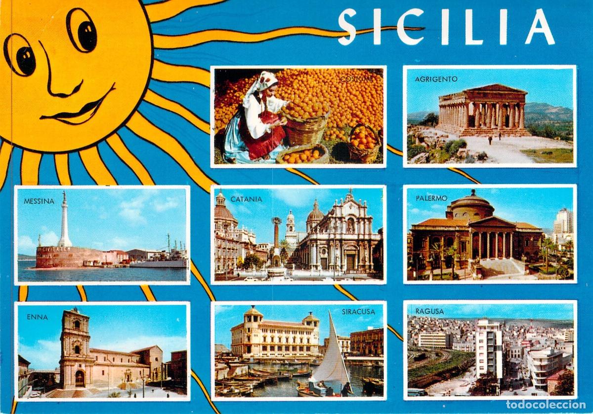 Postcards: Postal de Sicilia Multivista con Monumentos y Cosecha de Naranjas