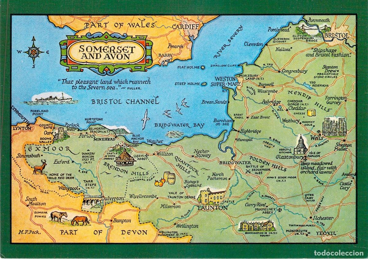 Postkarten: Postal de Mapa Ilustrado de Somerset y Avon, Inglaterra