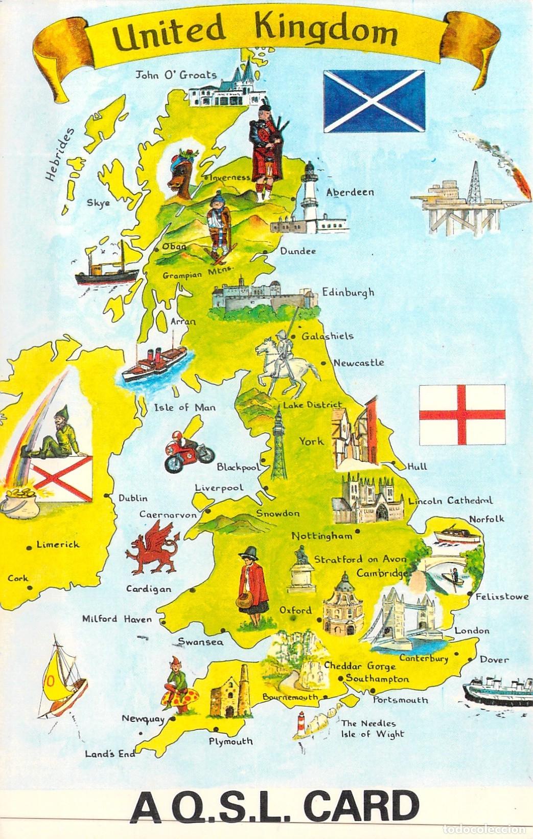 Postkarten: Postal Mapa Ilustrado del Reino Unido y Tarjeta QSL