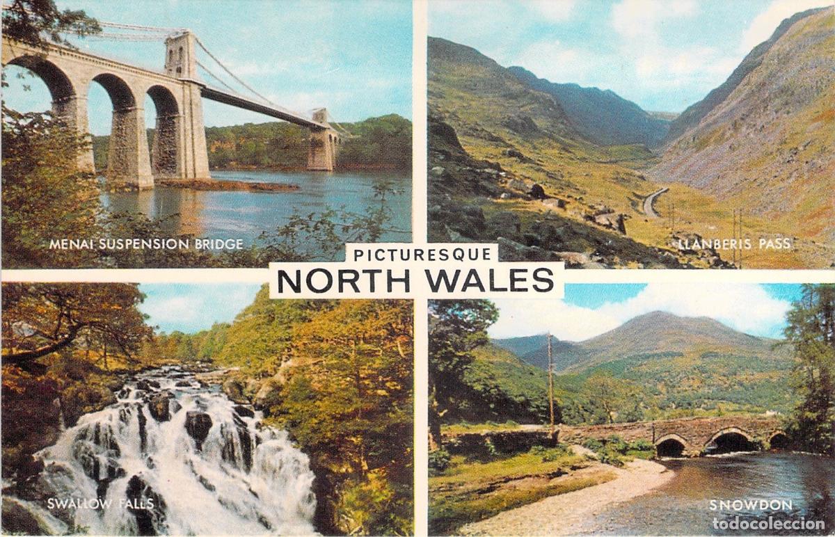 Postkarten: Postal de Gales del Norte: Puente Menai, Snowdon y Cataratas Swallow