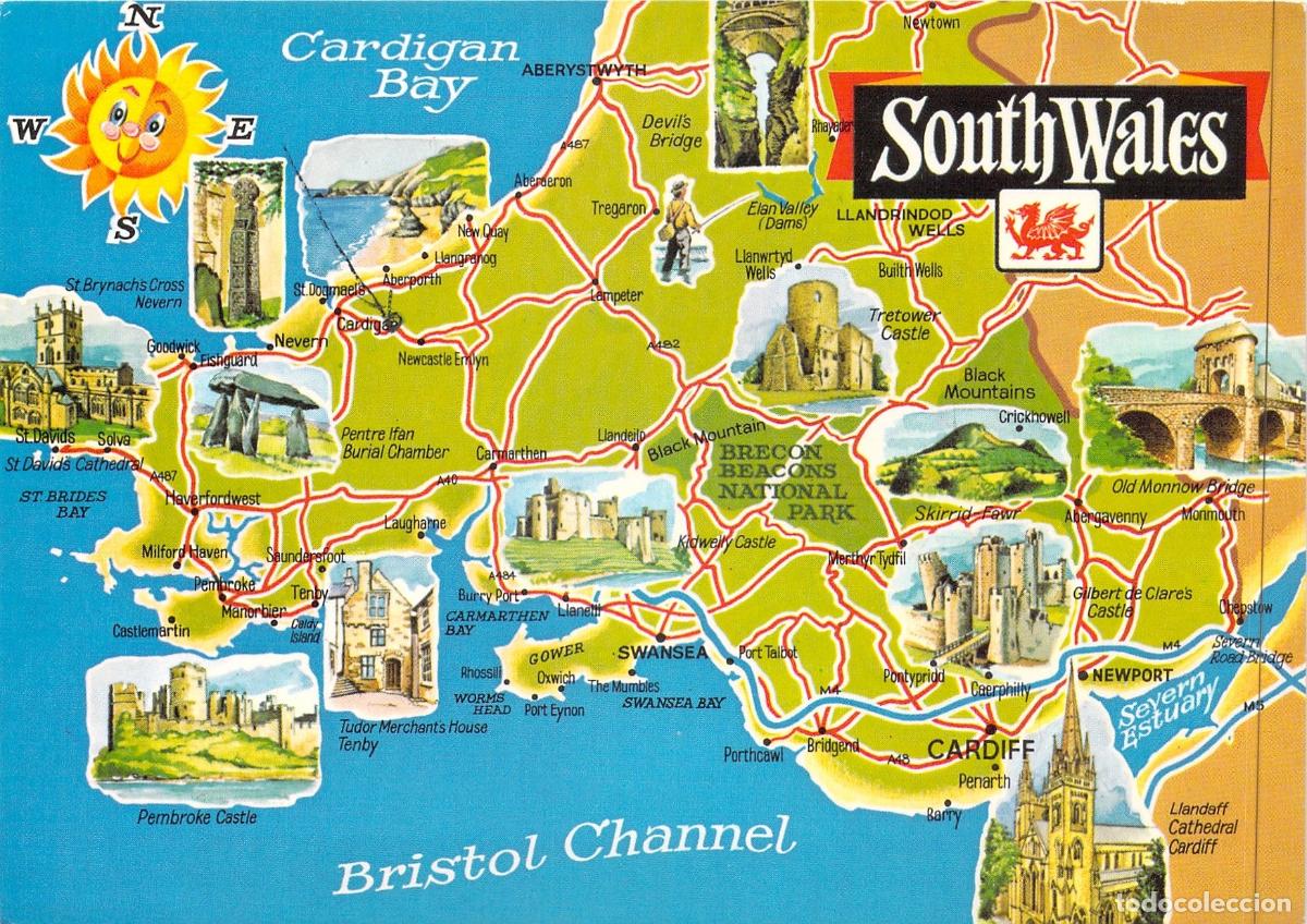 Postkarten: Postal de Mapa de Gales del Sur con Ilustraciones de Castillos y Paisajes