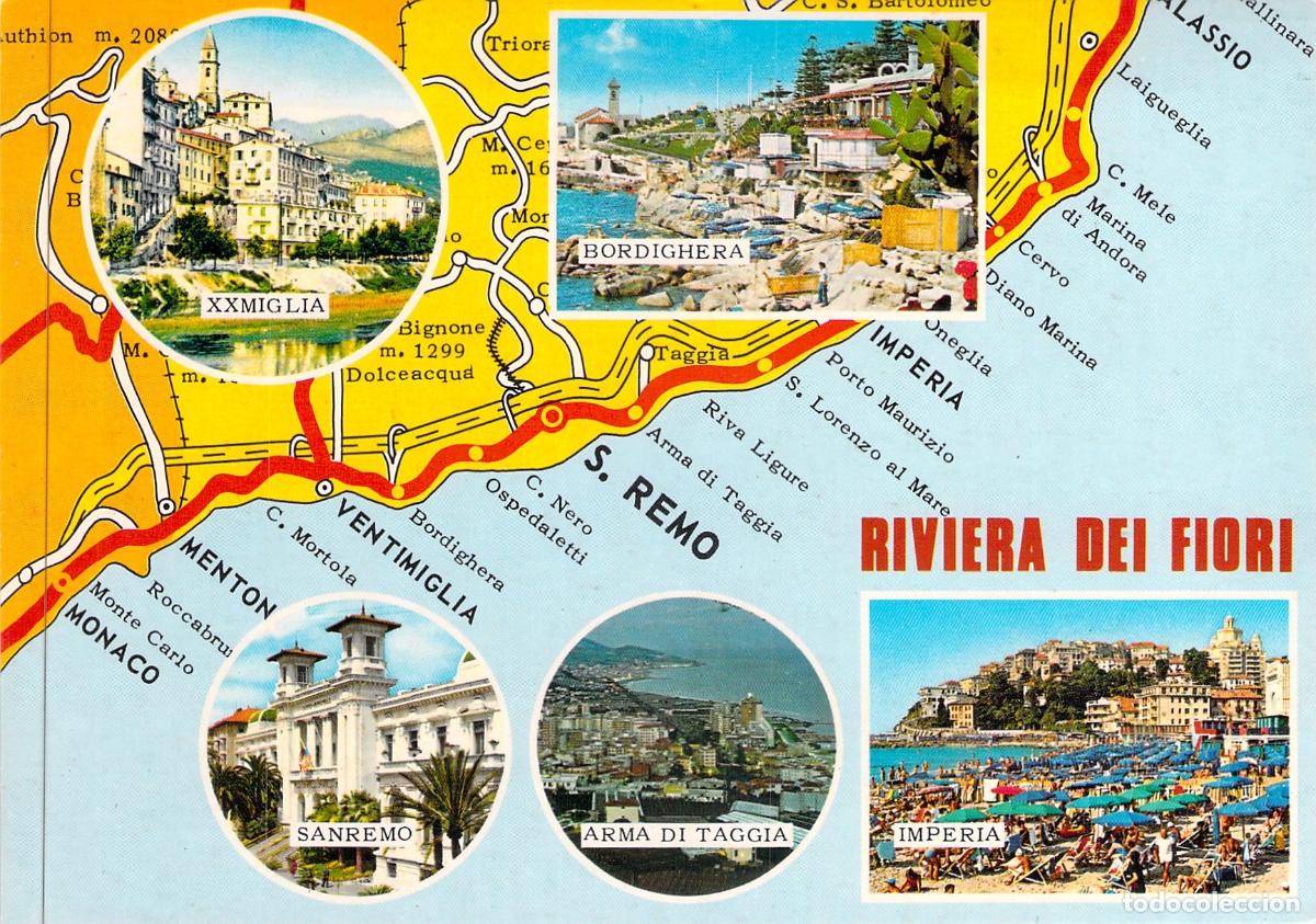 Postales: Postal de Mapa Multi-vista de la Riviera dei Fiori, Italia