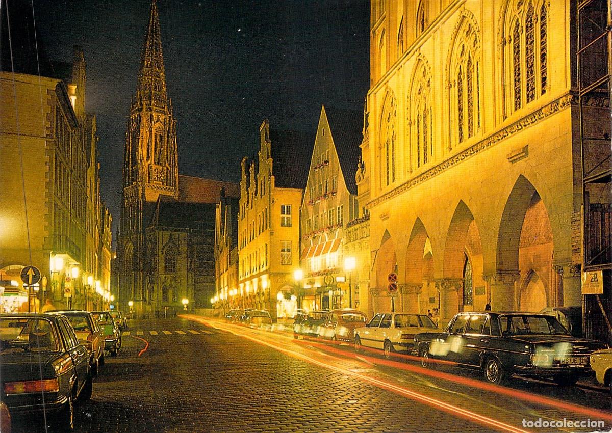 Postales: Postal de M&uuml;nster Alemania Prinzipalmarkt y Lambertikirche de Noche