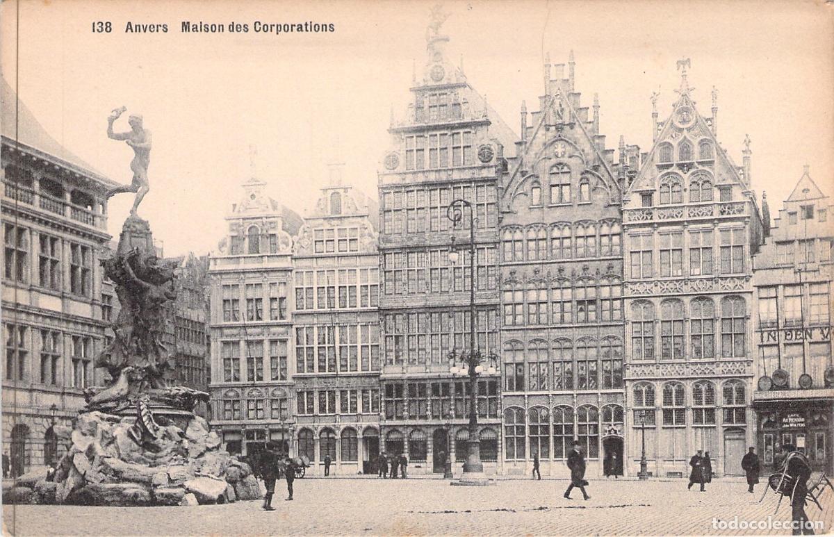 Postales: Postal de Amberes: Maison des Corporations y Fuente Brabo